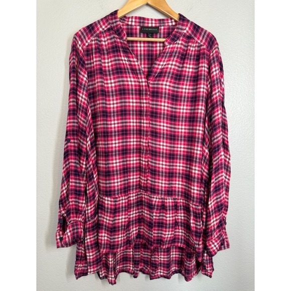 Lane Bryant Peplum High-Low Tunic Pink Plaid Flannel Top Blouse Plus Size 20 - Picture 1 of 11